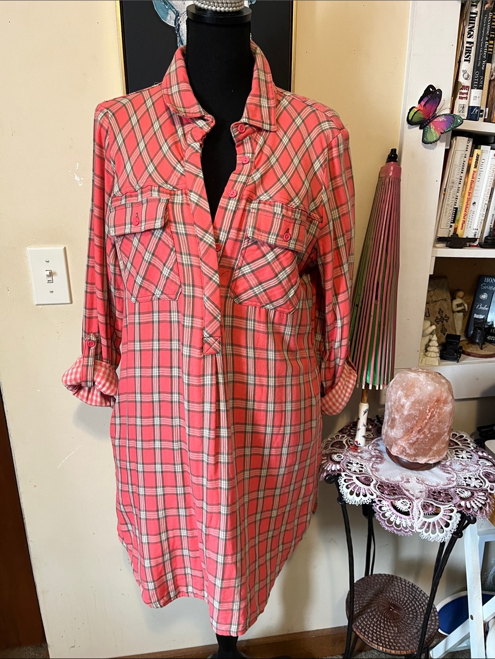 Peach Plaid Button-Up Shirt Dress
